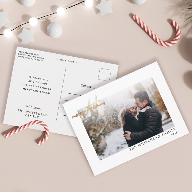 Modernes Gold Frohe Weihnachtsbriefe Foto Weiß Postkarte (Von Creator hochgeladen)