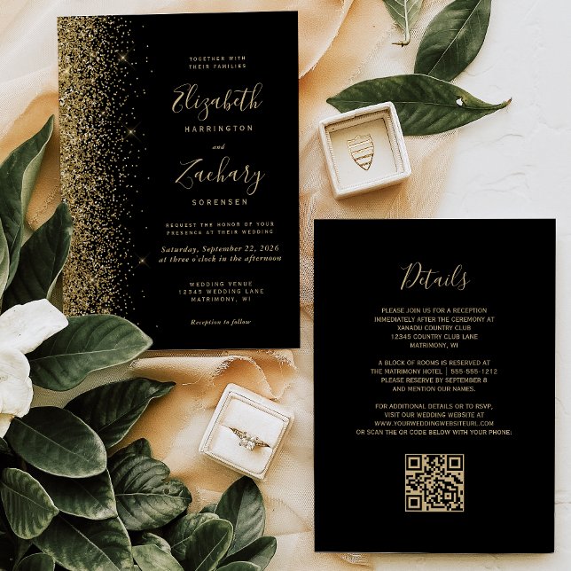 Modernes Gold Glitzer Black QR Code Hochzeit Einladung (Von Creator hochgeladen)
