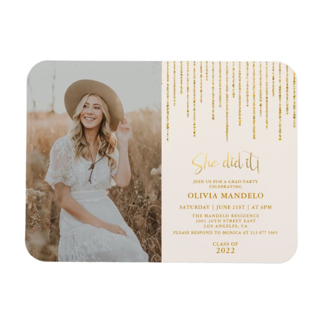 Modernes Gold Glitzer Grad Party Foto Einladung M Magnet (Horizontal)