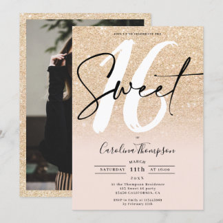 Modernes Gold Glitzer Grenzskript Foto Sweet 16 Einladung
