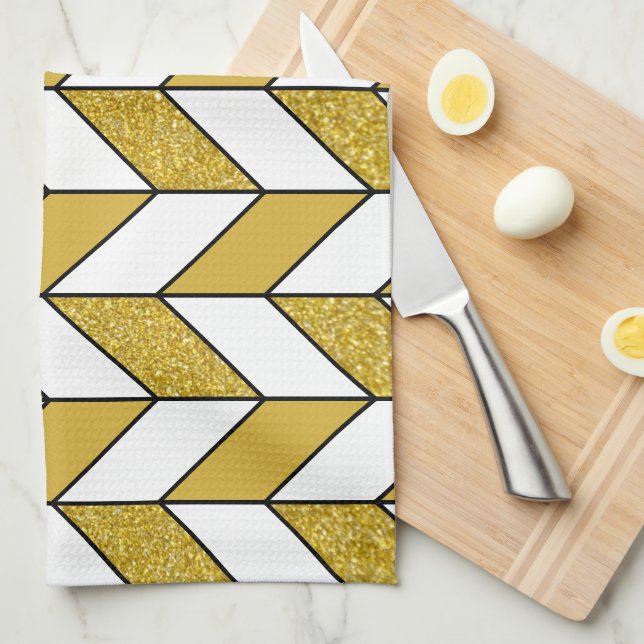 Modernes Gold Glitzer Herringbone Zickzack Muster Geschirrtuch (Viertel Falte)