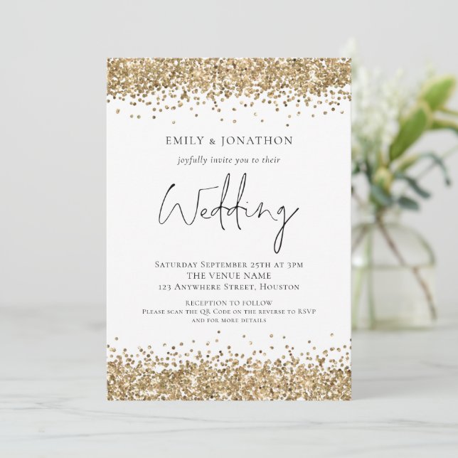 Modernes Gold Glitzer QR Code Wedding Einladung (Stehend Vorderseite)