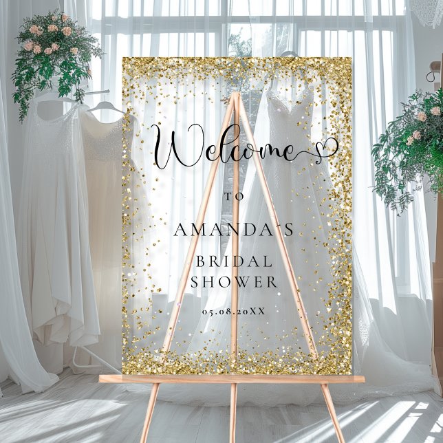 Modernes, Gold-Glitzer, WillkommensBrautparty Acrylschild (Modern, Gold Glitter Welcome Acrylic Sign with your Name ans Date.)