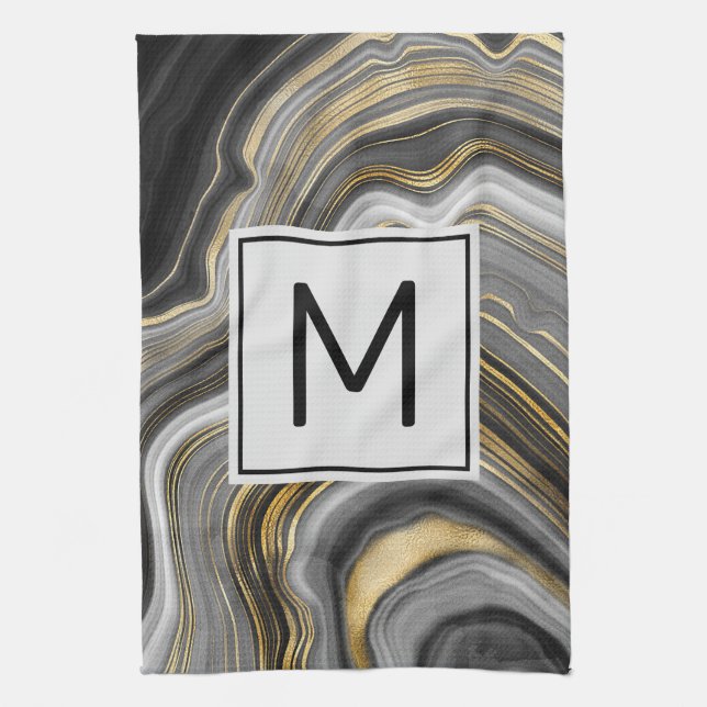 Modernes Gold & Gray Agate Geode Mineral Monogram Geschirrtuch (Vertikal)
