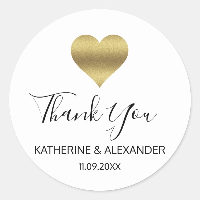 Modernes Gold Heart Schwarz-weiße Hochzeitsfeiern  Runder Aufkleber (Vorderseite)