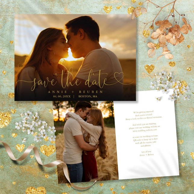Modernes Gold Heart Script Foto Hochzeit Save The Date (Modern Gold Heart Script Photo Wedding Save The Date)