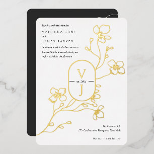 Modernes Gold in Schwarz, Weiß und Gold, Blumengol Folieneinladung