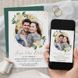 Modernes Gold Ivory Green Floral Foto Save the Dat Save The Date
