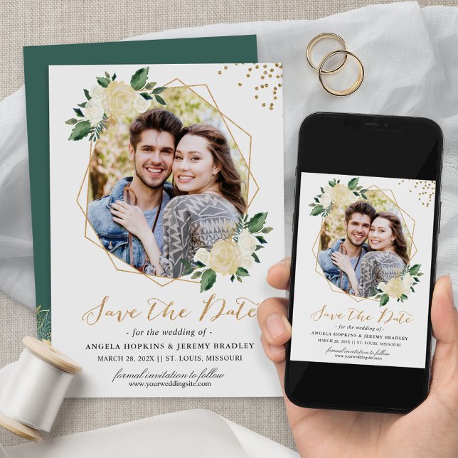 Modernes Gold Ivory Green Floral Foto Save the Dat Save The Date (Von Creator hochgeladen)