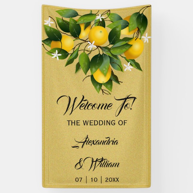 Modernes Gold Lemon Frucht | Hochzeit Banner (Vertikal)