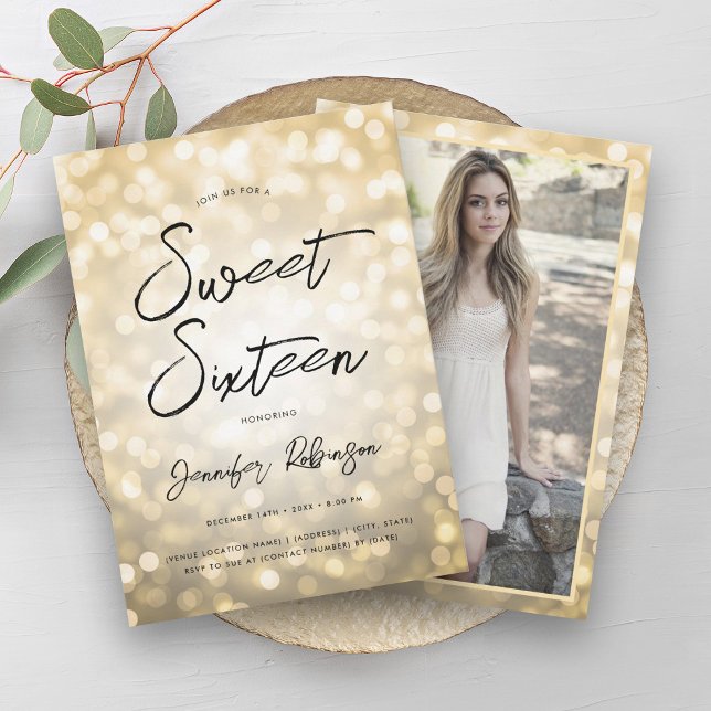 Modernes Gold Lights Foto Sweet 16 Party Einladung (Modern Gold Lights Photo Sweet 16 Party Invitation)