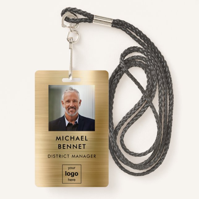 Modernes Gold Metal Mitarbeiter Foto ID Abzeichen Ausweis (Vorderseite mit Schlüsselband)