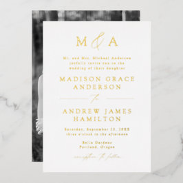 Modernes Gold Monogram Foto Hochzeit Folieneinladung