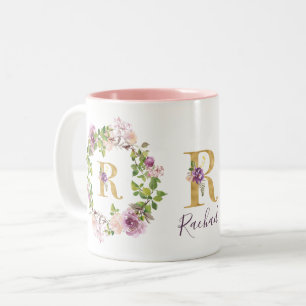 Modernes Gold Monogram R Aquarellblumendraht Zweifarbige Tasse