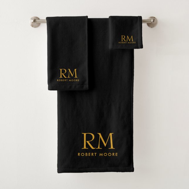 Modernes Gold Monogramm auf schwarz Badhandtuch Set (Insitu)
