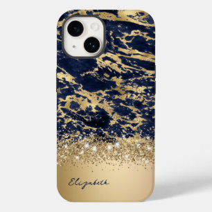 Modernes Gold Navy Marmor Imitate Glitzer Monogram Case-Mate iPhone 14 Hülle