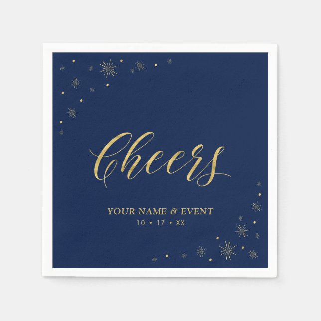 Modernes Gold & Navy Sparkle Cheers Custom Party Serviette (Vorderseite)