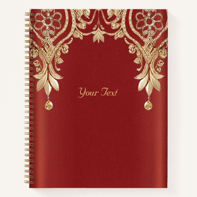 Modernes Gold Red Floral Notebook Notizbuch (Vorderseite)