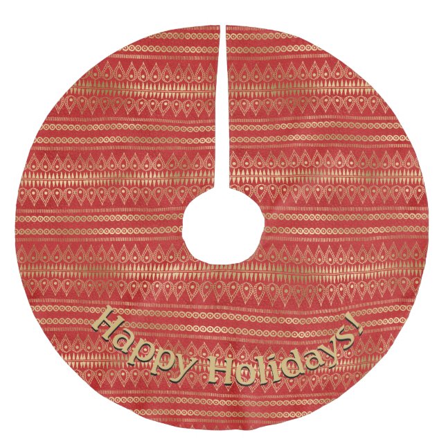 Modernes Gold Red Pattern Persönliche Nachricht hi Polyester Weihnachtsbaumdecke (Vorderseite)