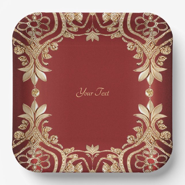 Modernes Gold Rot Floral Paper Plate Pappteller (Vorderseite)