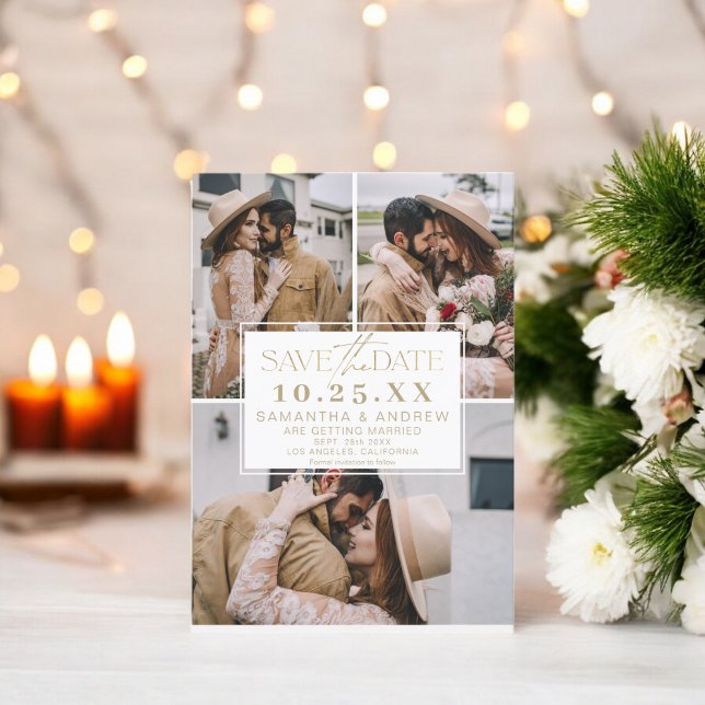 Modernes Gold Save the Date 3 Foto Gitterkollektio (Modern gold save the date 3 photos grid collage)