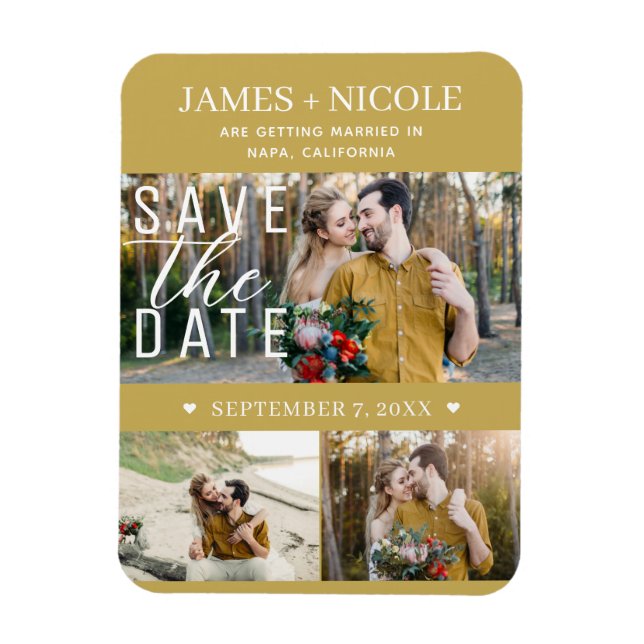 Modernes Gold Save the Date Hochzeit 3 Fotos Magnet (Vertikal)