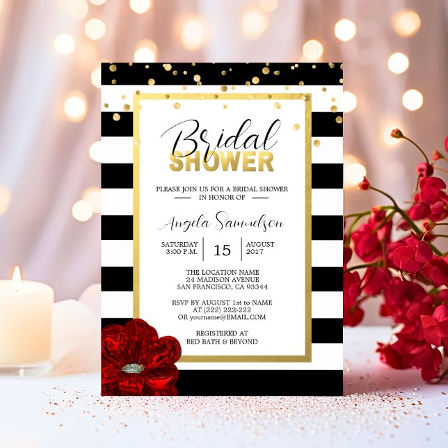 Modernes Gold Schwarz-weiß Rote Rose Brautparty Einladung (Modern Gold Black White RED Rose Bridal Shower Invitation)