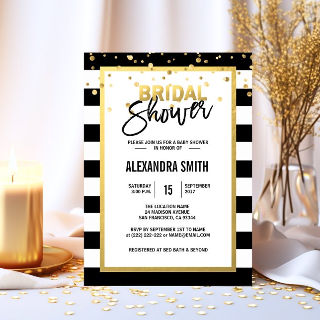 Modernes Gold Schwarz-weiß Stripes Brautparty Einladung (Modern Gold Black White Stripes Bridal Shower Invitation)