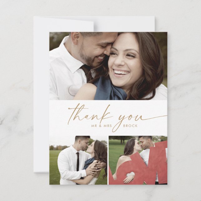Modernes Gold Script 3 Foto Collage Wedding Dankeskarte (Vorderseite)