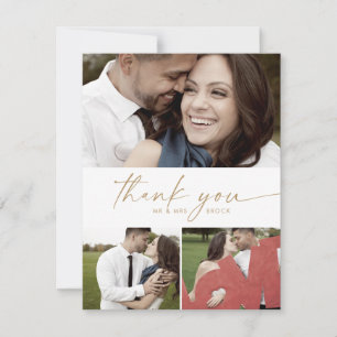 Modernes Gold Script 3 Foto Collage Wedding Dankeskarte