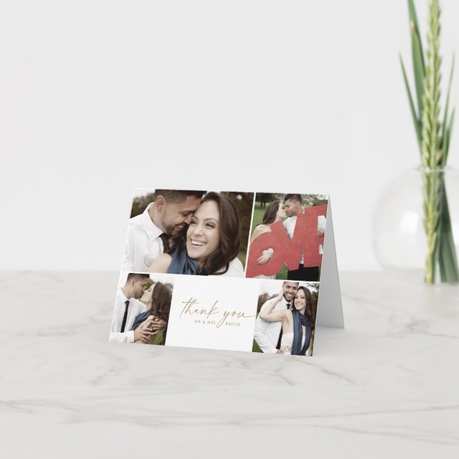 Modernes Gold Script 4 Foto Collage Folded Wedding Dankeskarte (Vorderseite)
