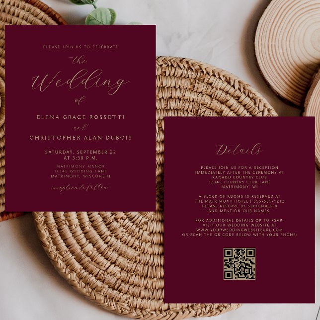 Modernes Gold Script Burgundy QR Code Wedding (Von Creator hochgeladen)