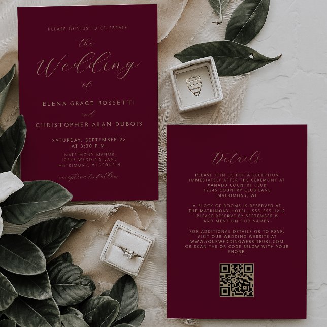 Modernes Gold Script Burgundy QR Code Wedding Einladung (Von Creator hochgeladen)