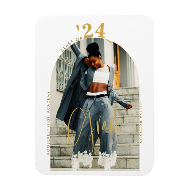 Modernes Gold Script Foto 2024 Minimaler Abschluss Magnet (Vertikal)