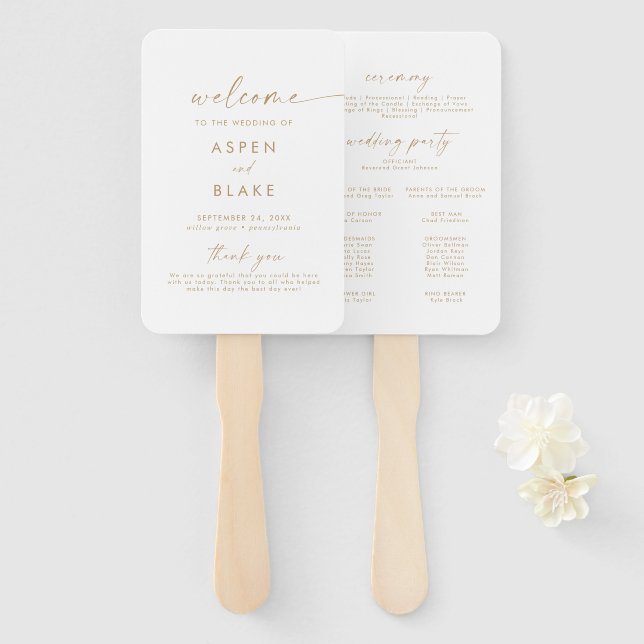 Modernes Gold Script Hochzeitsprogramm Hand Fan Fächer (Vorne und Hinten)
