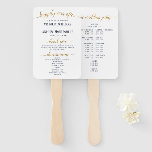 Modernes Gold Script-Minimal-Hochzeitsprogramm für Fächer (Vorne und Hinten)