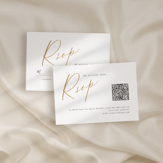 Modernes Gold Script minimalistischer Hochzeitssti RSVP Karte (Gold modern script minimalist wedding QR code RSVP Card)