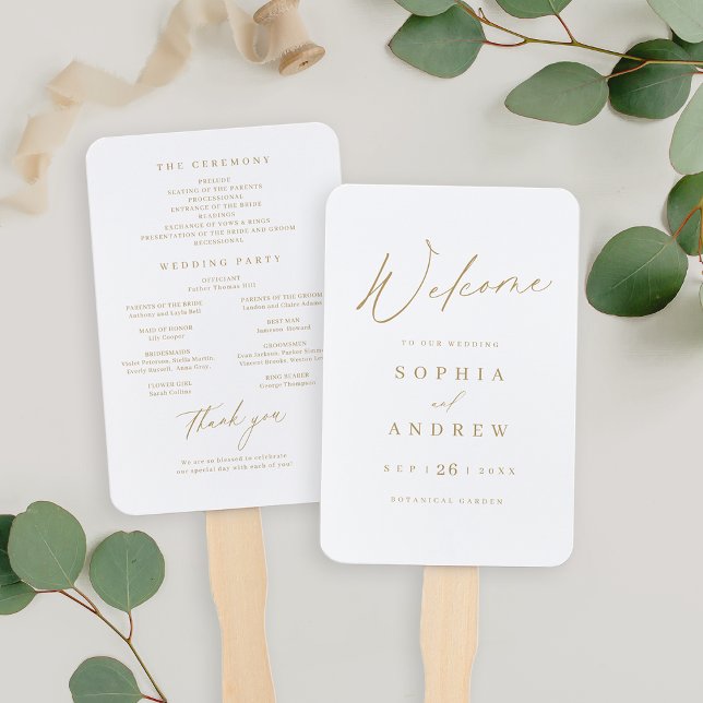 Modernes Gold-Script-Minimalprogramm für Hochzeite Fächer (Gold modern script minimalist wedding program hand fan)