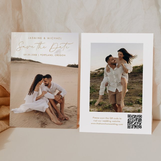 Modernes Gold Script QR Code 2 Foto Save The Date (Von Creator hochgeladen)