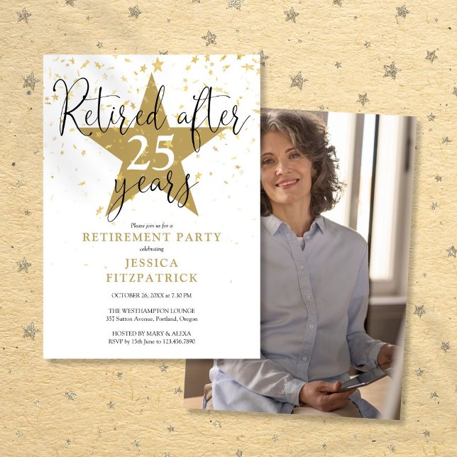 Modernes Gold Stars Foto Retirement Party Einladung (Modern Gold Stars Photo Retirement Party Invitation)