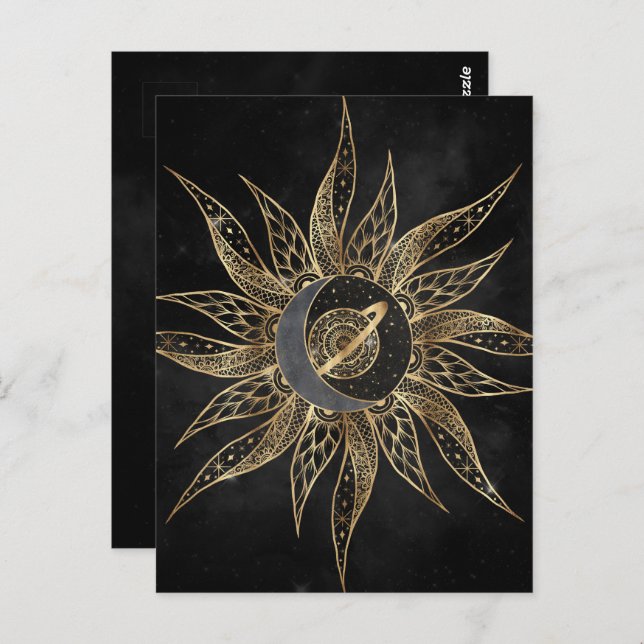 Modernes Gold Sun Moon Planet Universe Mandala Postkarte (Vorne/Hinten)