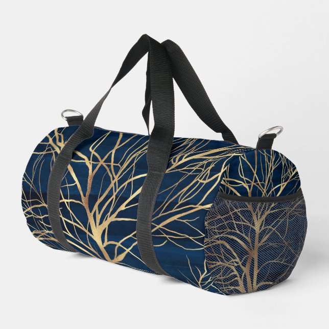 Modernes Gold Tree Silhouette Minimales blaues Des Duffle Bag (Rechte Ecke)