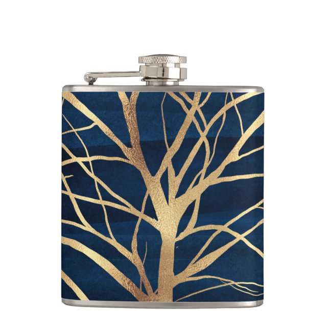 Modernes Gold Tree Silhouette Minimales blaues Des Flachmann (Vorderseite)