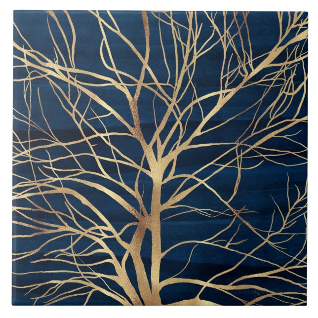 Modernes Gold Tree Silhouette Minimales blaues Des Fliese (Vorderseite)