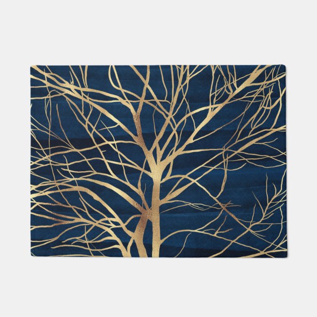 Modernes Gold Tree Silhouette Minimales blaues Des Fußmatte (Vorderseite)
