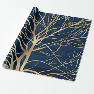 Modernes Gold Tree Silhouette Minimales blaues Des Geschenkpapier