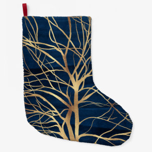 Modernes Gold Tree Silhouette Minimales blaues Des Großer Weihnachtsstrumpf