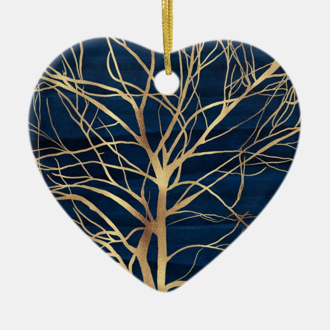 Modernes Gold Tree Silhouette Minimales blaues Des Keramik Ornament (Vorne)
