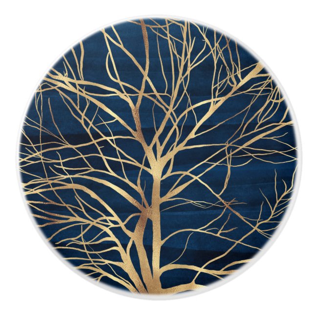 Modernes Gold Tree Silhouette Minimales blaues Des Keramikknauf (Vorderseite)