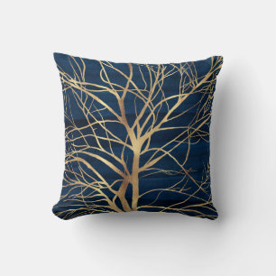 Modernes Gold Tree Silhouette Minimales blaues Des Kissen